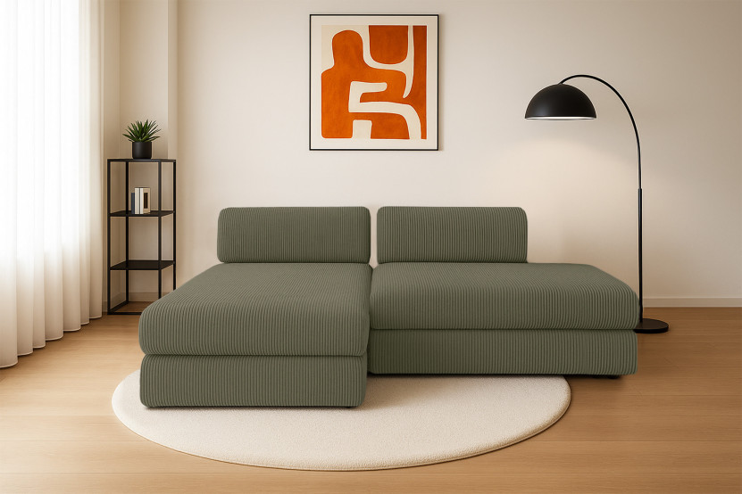 Canapé d'angle 5 places - 2 modules convertibles : Canapé 2 places + Méridienne - Velours côtelé Vert