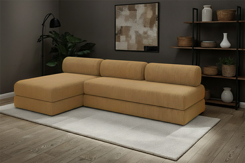 Canapé d'angle 6 places - 2 modules convertibles : Canapé 3 places + Méridienne - Velours côtelé Jaune