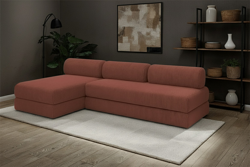 Canapé d'angle 6 places - 2 modules convertibles : Canapé 3 places + Méridienne - Velours côtelé Terracotta