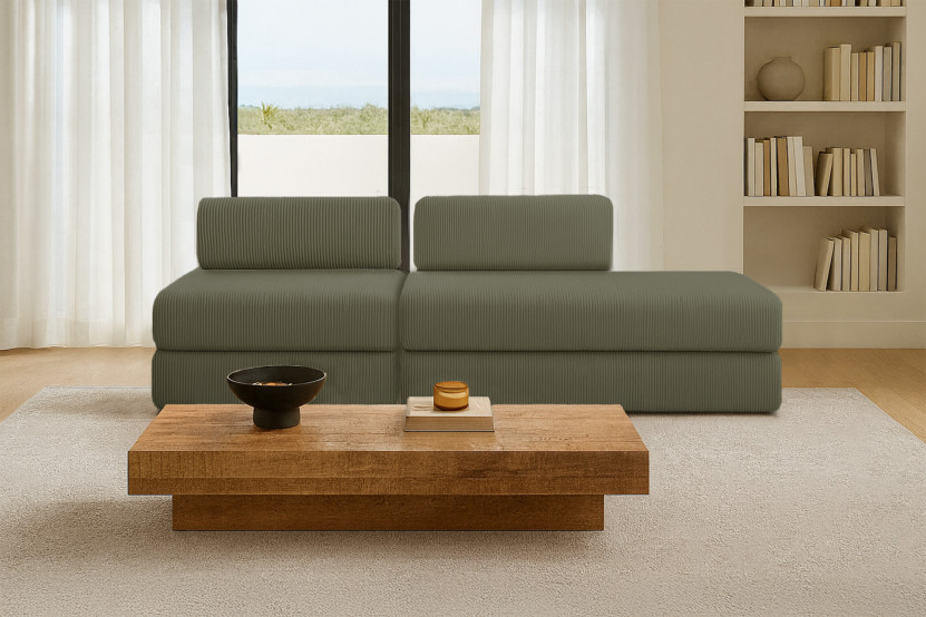 Canapé 3 places - 2 modules convertibles : Canapé 2 places + Fauteuil - Velours côtelé Vert