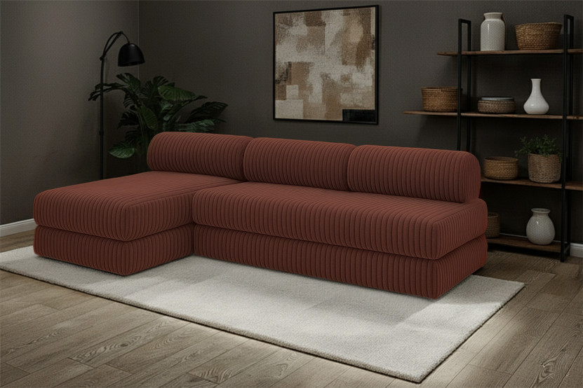 Canapé d'angle 6 places - 2 modules convertibles : Canapé 3 places + Méridienne - Velours côtelé XL Terracotta