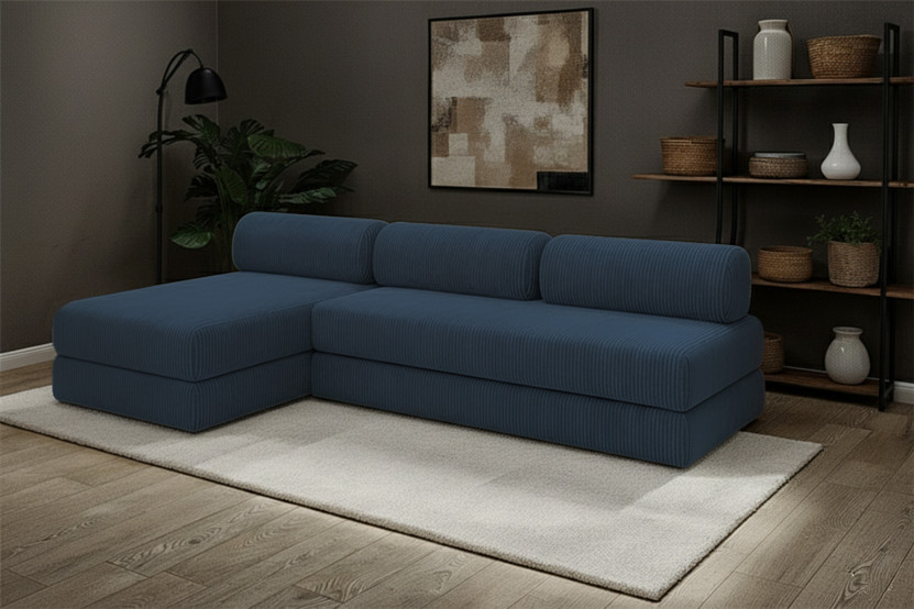 Canapé d'angle 6 places - 2 modules convertibles : Canapé 3 places + Méridienne - Velours côtelé Bleu