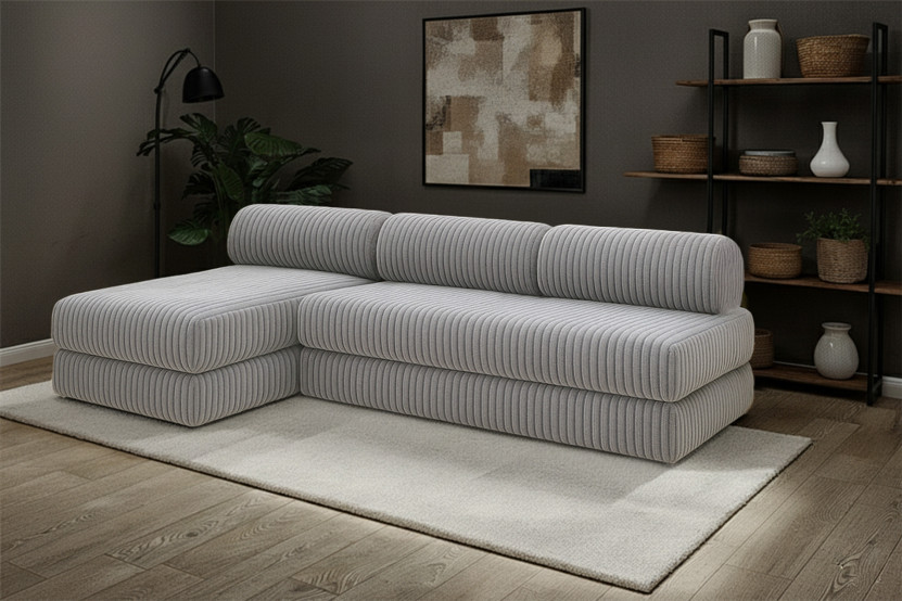 Canapé d'angle 6 places - 2 modules convertibles : Canapé 3 places + Méridienne - Velours côtelé XL Gris clair