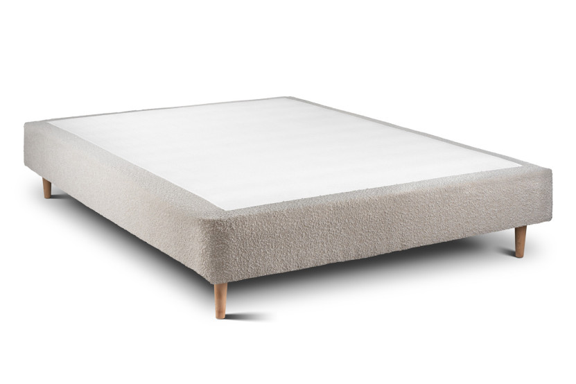 Lit 150x200 cm - Sommier tapissier H35 cm + tête de lit capitonnée - Tissu Bouclette Beige Clair
