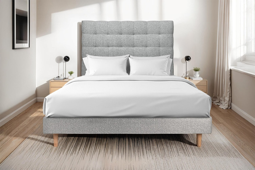 Lit 180x200 cm - Sommier à lattes H29 cm + tête de lit capitonnée - Tissu Bouclette Gris