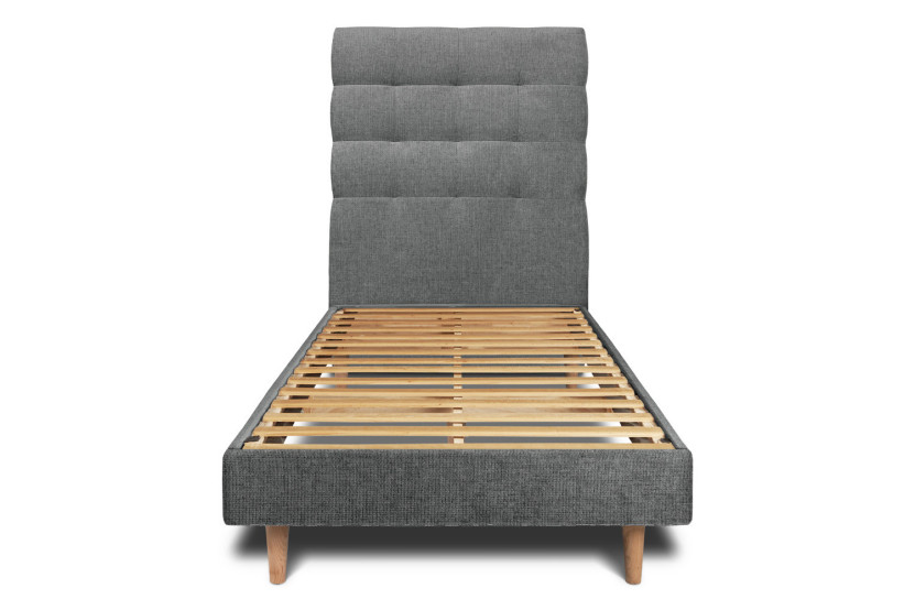 Lit 90x190 cm - Sommier à lattes H29 cm + tête de lit capitonnée - Tissu Toile natté Gris Anthracite