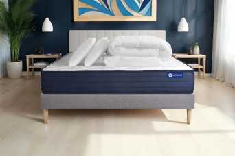 Pack lit complet 200x200 cm - Matelas + Sommier Gris (en kit) + 2 oreillers + Couette - Actiflex Life