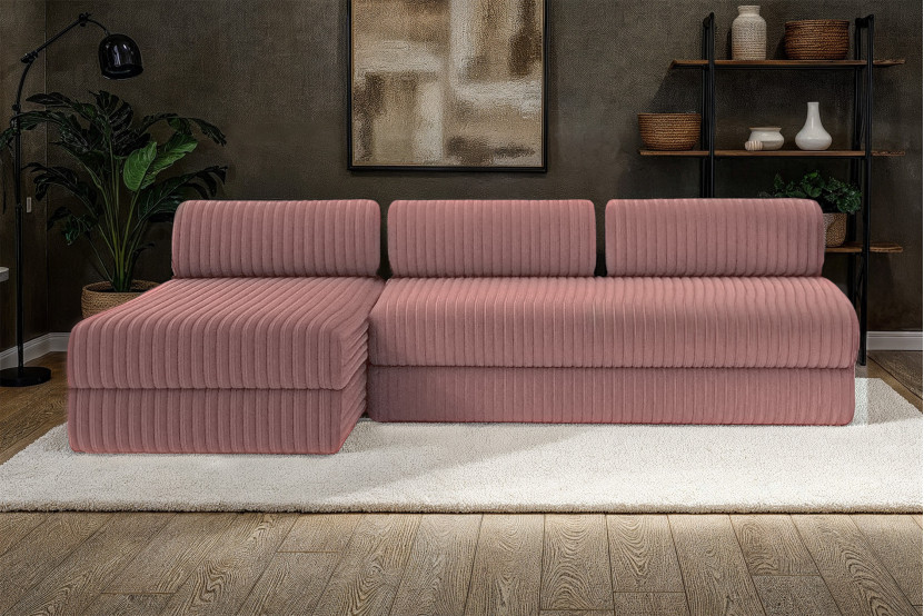 Canapé d'angle 6 places - 2 modules convertibles : Canapé 3 places + Méridienne - Velours côtelé XL Rose