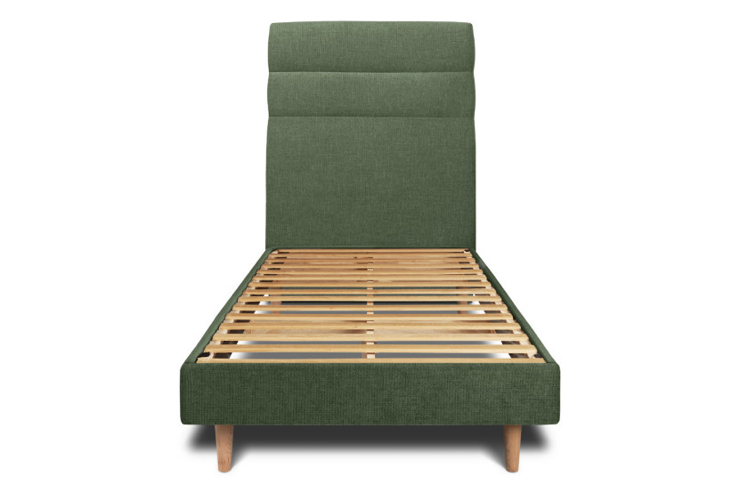 Lit 90x200 cm - Sommier à lattes H29 cm + tête de lit à lignes - Tissu Toile natté Vert Kaki