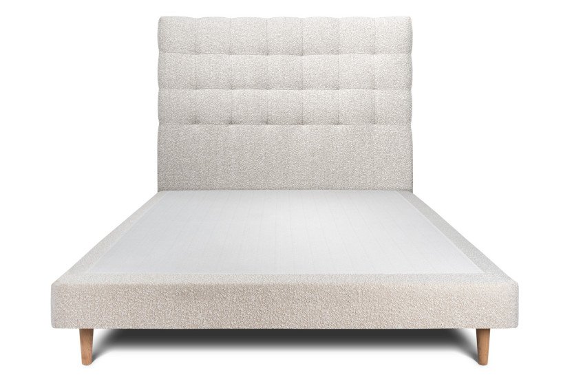 Lit 140x190 cm - Sommier tapissier H29 cm + tête de lit capitonnée - Tissu Bouclette Beige Clair