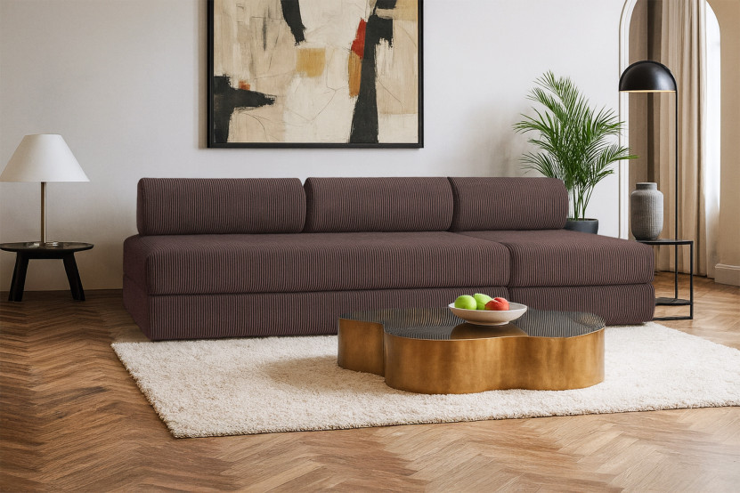 Canapé 4 places - 2 modules convertibles : Canapé 3 places + Fauteuil - Velours côtelé Marron