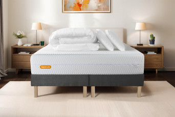 Pack lit complet 200x200 cm - Matelas + 2 Sommiers Gris + 2 oreillers + Couette - Memo Bio