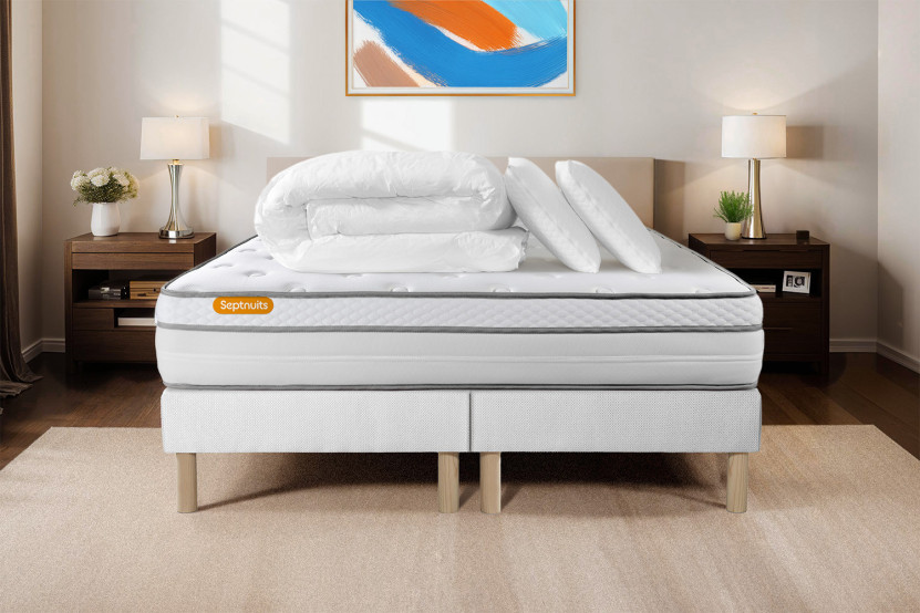 Pack lit complet 200x200 cm - Matelas + 2 Sommiers Blancs + 2 oreillers + Couette - Memo Luxe