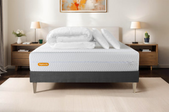 Pack lit complet 200x200 cm - Matelas + Sommier Gris (en kit) + 2 oreillers + Couette - Memo Bio