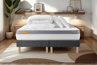 Pack lit complet 200x200 cm - Matelas + 2 Sommiers Gris + 2 oreillers + Couette - Memo Zen