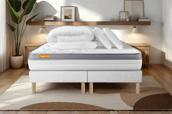 Pack lit complet 200x200 cm - Matelas + 2 Sommiers Blancs + 2 oreillers + Couette - Memo Zen