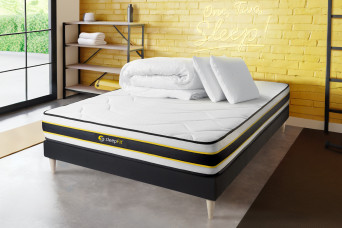 Pack lit complet 200x200 cm - Matelas + Sommier Noir (en kit) + 2 oreillers + Couette - Flexy