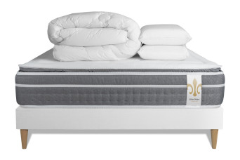 Pack lit complet 140x200 cm - Matelas + Sommier Blanc (en kit) + 2 oreillers + Couette - Trente PLUS