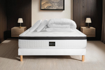 Pack lit complet 140x190 cm - Matelas + Sommier Blanc (en kit) + 2 oreillers + Couette - Privilège
