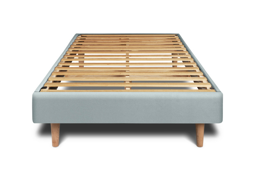 Lit 90x200 cm - Sommier à lattes H29 cm + tête de lit à lignes - Tissu Velours Gris Bleuté