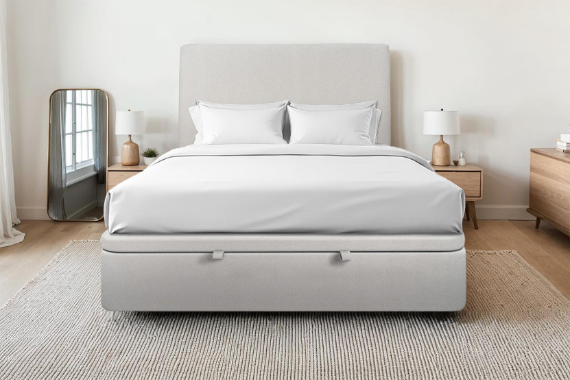 Lit coffre 180x200 cm avec Tête de lit tapissée - Tissu Velours Gris Clair