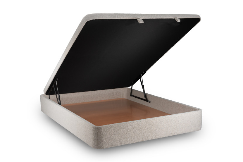 Lit coffre 180x200 cm avec Tête de lit tapissée - Tissu Bouclette Beige Clair