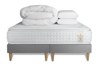 Pack lit complet 160x200 cm - Matelas + 2 Sommiers Gris + 2 oreillers + Couette - Vingt-Quatre PLUS