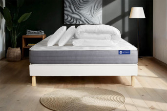 Pack lit complet 140x200 cm - Matelas + Sommier Blanc (en kit) + 2 oreillers + Couette - Actimemo Dream