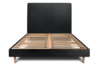 Lit 135x190 cm - Sommier à lattes H29 cm + tête de lit tapissée - Tissu Bouclette Noir