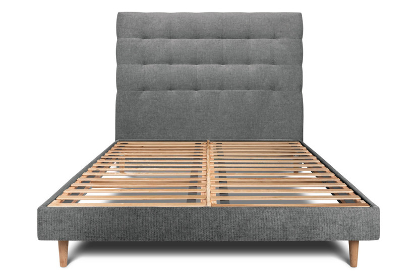 Lit 180x200 cm - Sommier à lattes H29 cm + tête de lit capitonnée - Tissu Toile natté Gris Anthracite