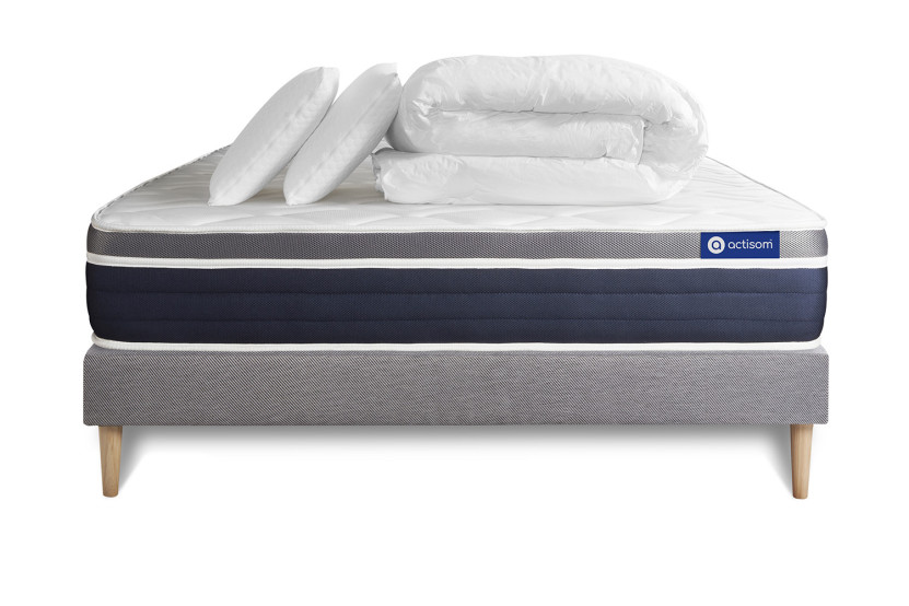 Pack lit complet 160x200 cm - Matelas + Sommier Gris (en kit) + 2 oreillers + Couette - Actiflex Confort