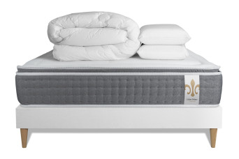 Pack lit complet 200x200 cm - Matelas + Sommier Blanc (en kit) + 2 oreillers + Couette - Vingt-Six PLUS