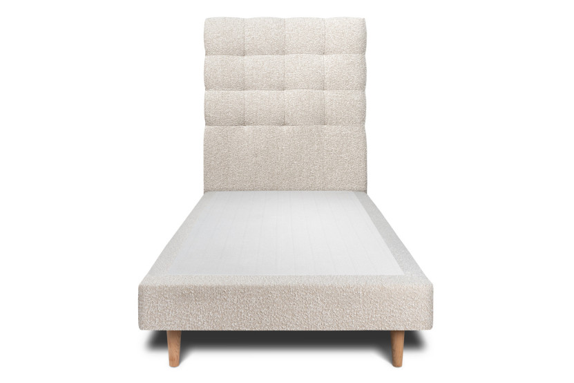 Lit 90x200 cm - Sommier tapissier H29 cm + tête de lit capitonnée - Tissu Bouclette Beige Clair