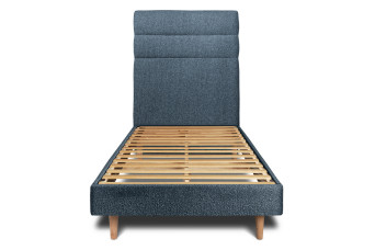 Lit 90x190 cm - Sommier à lattes H29 cm + tête de lit à lignes - Tissu Bouclette Bleu