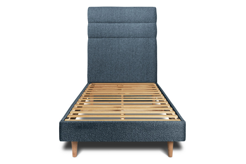 Lit 90x190 cm - Sommier à lattes H29 cm + tête de lit à lignes - Tissu Bouclette Bleu