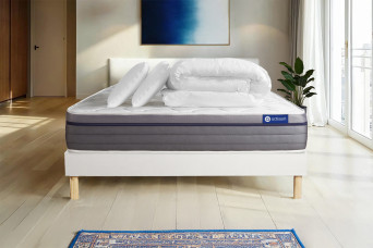 Pack lit complet 200x200 cm - Matelas + Sommier Blanc (en kit) + 2 oreillers + Couette - Actilatex Zen