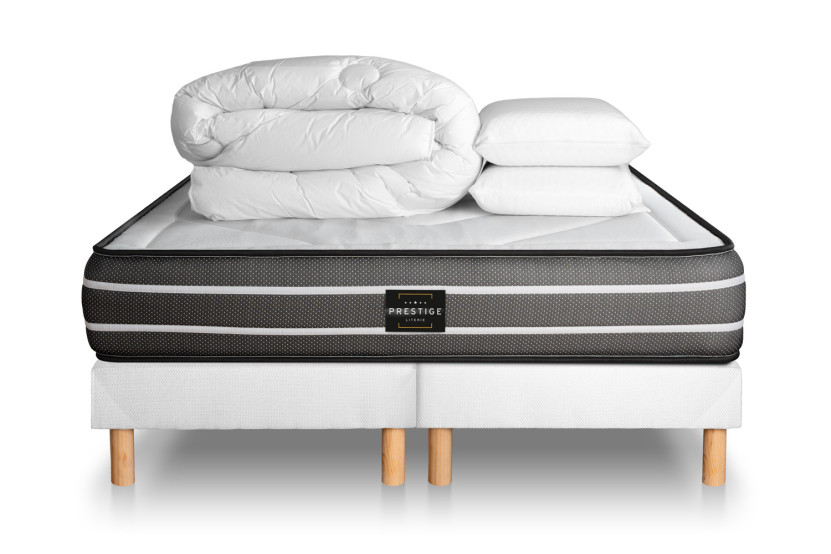Pack lit complet 180x200 cm - Matelas + 2 Sommiers Blancs + 2 oreillers + Couette - Exclusive