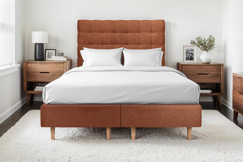 Lit 2x 90x200 cm - Sommier tapissier H35 cm + tête de lit capitonnée - Tissu Bouclette Terracotta