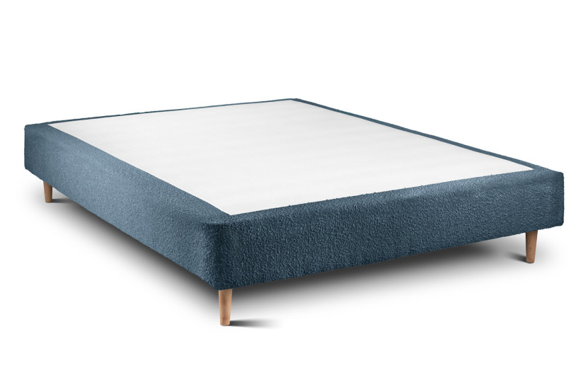 Lit 150x190 cm - Sommier tapissier H35 cm + tête de lit capitonnée - Tissu Bouclette Bleu