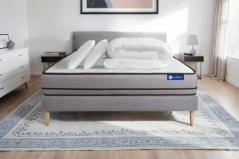 Pack lit complet 180x200 cm - Matelas + Sommier Gris (en kit) + 2 oreillers + Couette - Actimemo Night