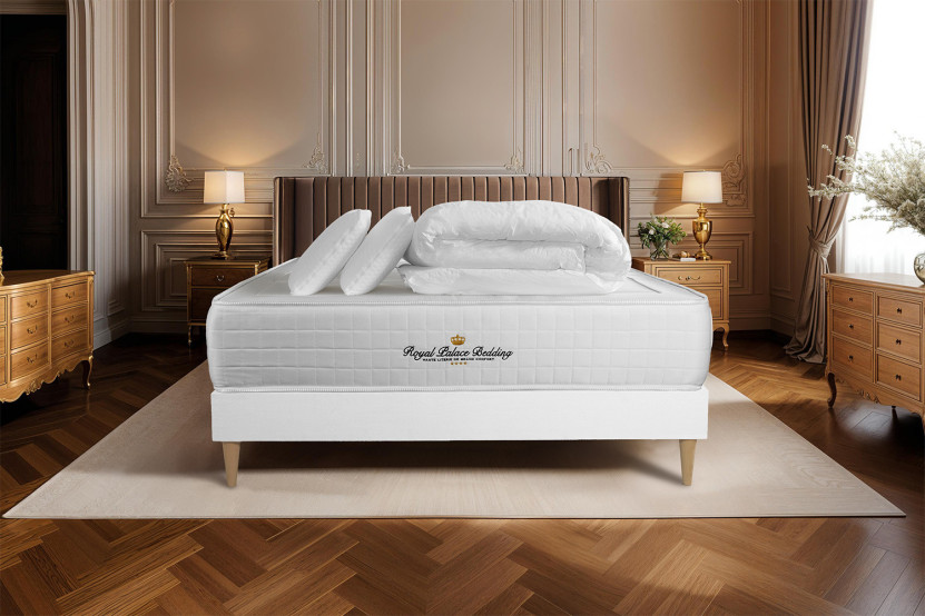 Pack lit complet 160x200 cm - Matelas + Sommier Blanc (en kit) + 2 oreillers + Couette - Windsor