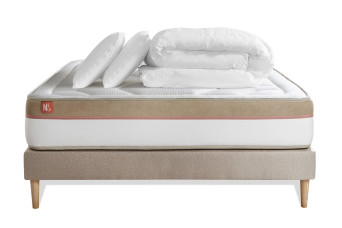 Pack lit complet 140x200 cm - Matelas + Sommier Beige + 2 oreillers + Couette - Le Cosy