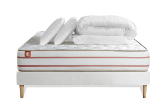 Pack lit complet 140x190 cm - Matelas + Sommier Blanc (en kit) + 2 oreillers + Couette - Le Doux