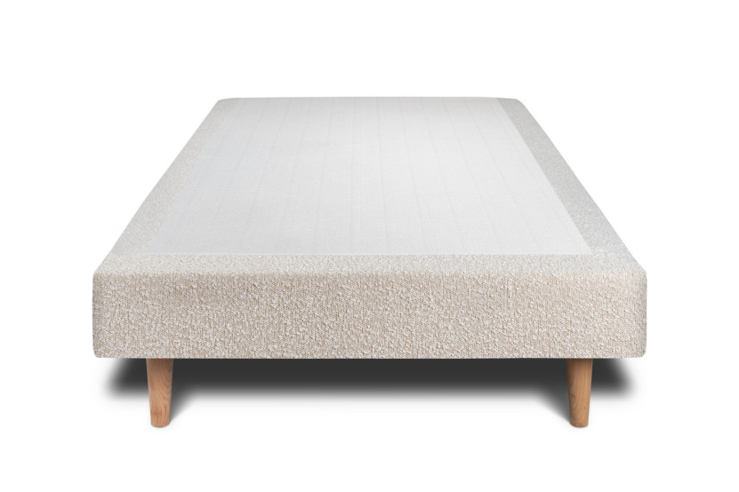 Lit 90x200 cm - Sommier tapissier H29 cm + tête de lit capitonnée - Tissu Bouclette Beige Clair