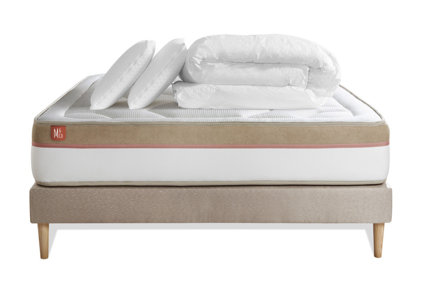 Pack lit complet 200x200 cm - Matelas + Sommier Beige (en kit) + 2 oreillers + Couette - Le Cosy