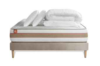 Pack lit complet 140x190 cm - Matelas + Sommier Beige (en kit) + 2 oreillers + Couette - Le Tendre