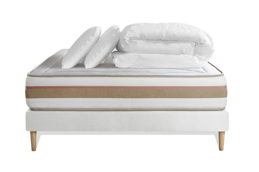 Pack lit complet 140x200 cm - Matelas + Sommier Blanc + 2 oreillers + Couette - Le Tendre