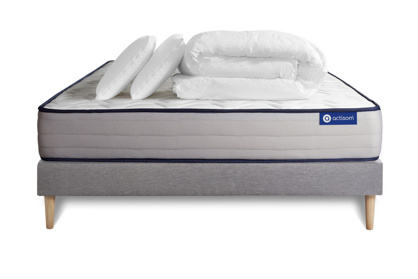 Pack lit complet 140x200 cm - Matelas + Sommier Gris (en kit) + 2 oreillers + Couette - Actimemo Form
