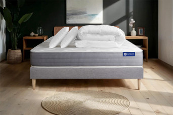 Pack lit complet 160x200 cm - Matelas + Sommier Gris (en kit) + 2 oreillers + Couette - Actiflex Dream