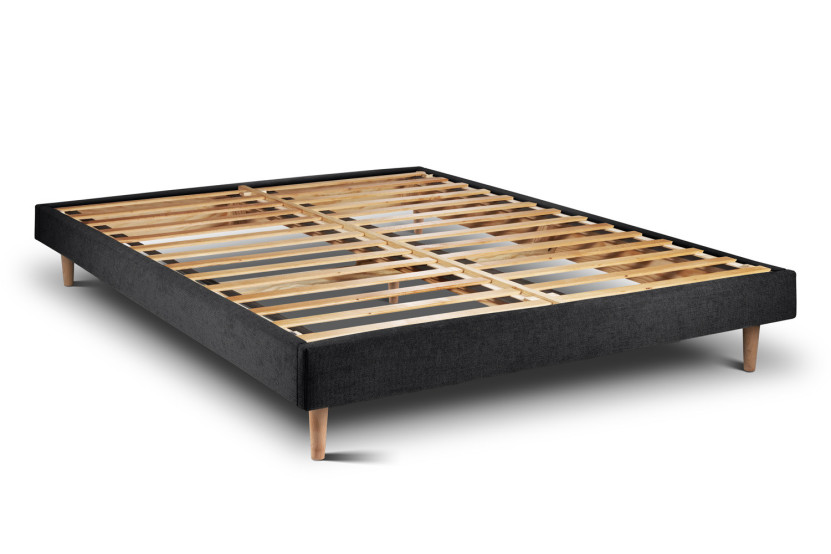 Lit 180x200 cm - Sommier à lattes H29 cm + tête de lit capitonnée - Tissu Toile natté Noir